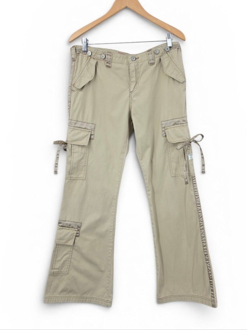Unionbay Vintage Y2K Flared Cargo Pants in Khaki Satin Trim Grunge Streetwear